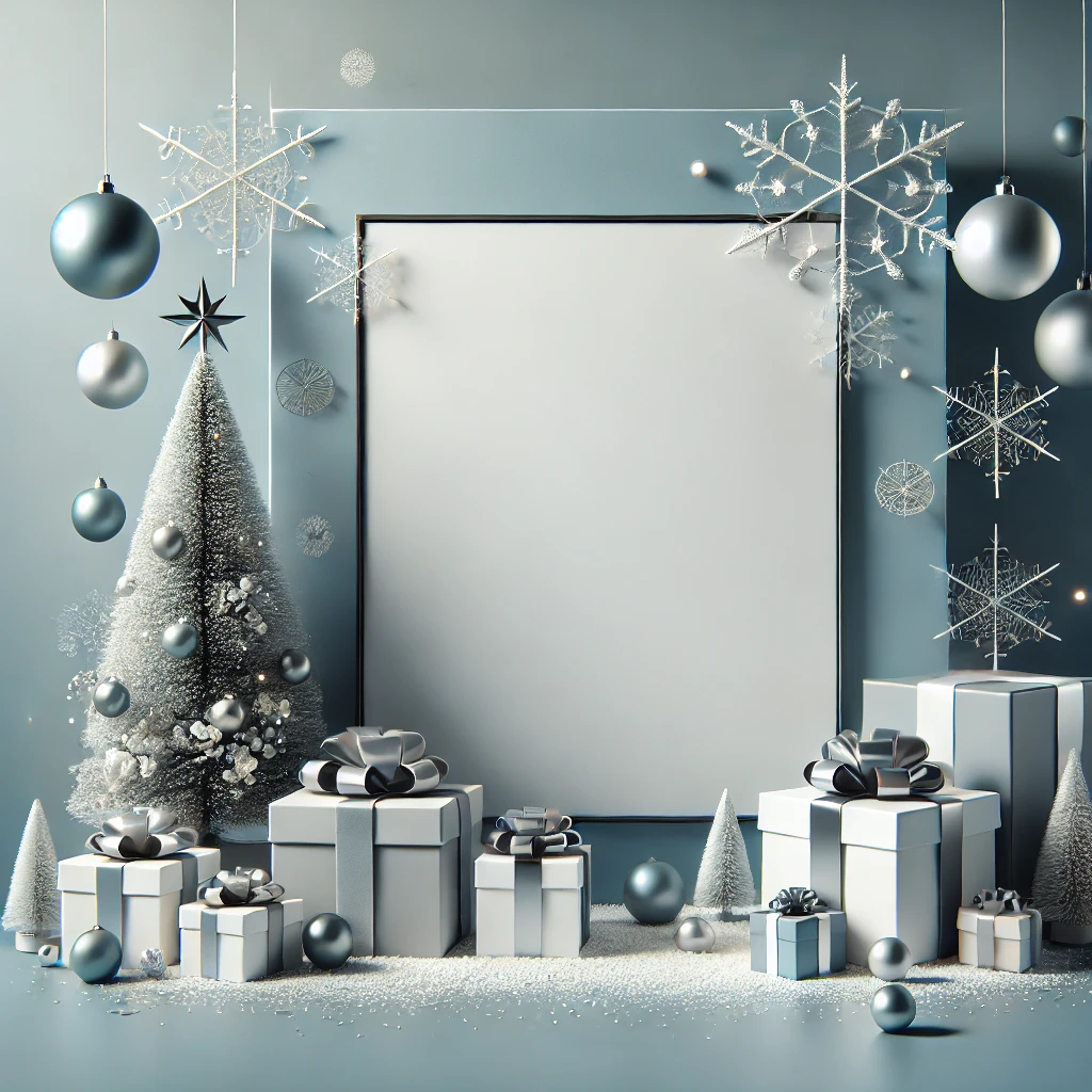 Elegante Weihnachtsszene mit einem leeren Rahmen, Geschenken, Silberschmuck und einem geschmückten Baum, perfekt für Weihnachtsgrüße und Werbeaktionen – Optimas
