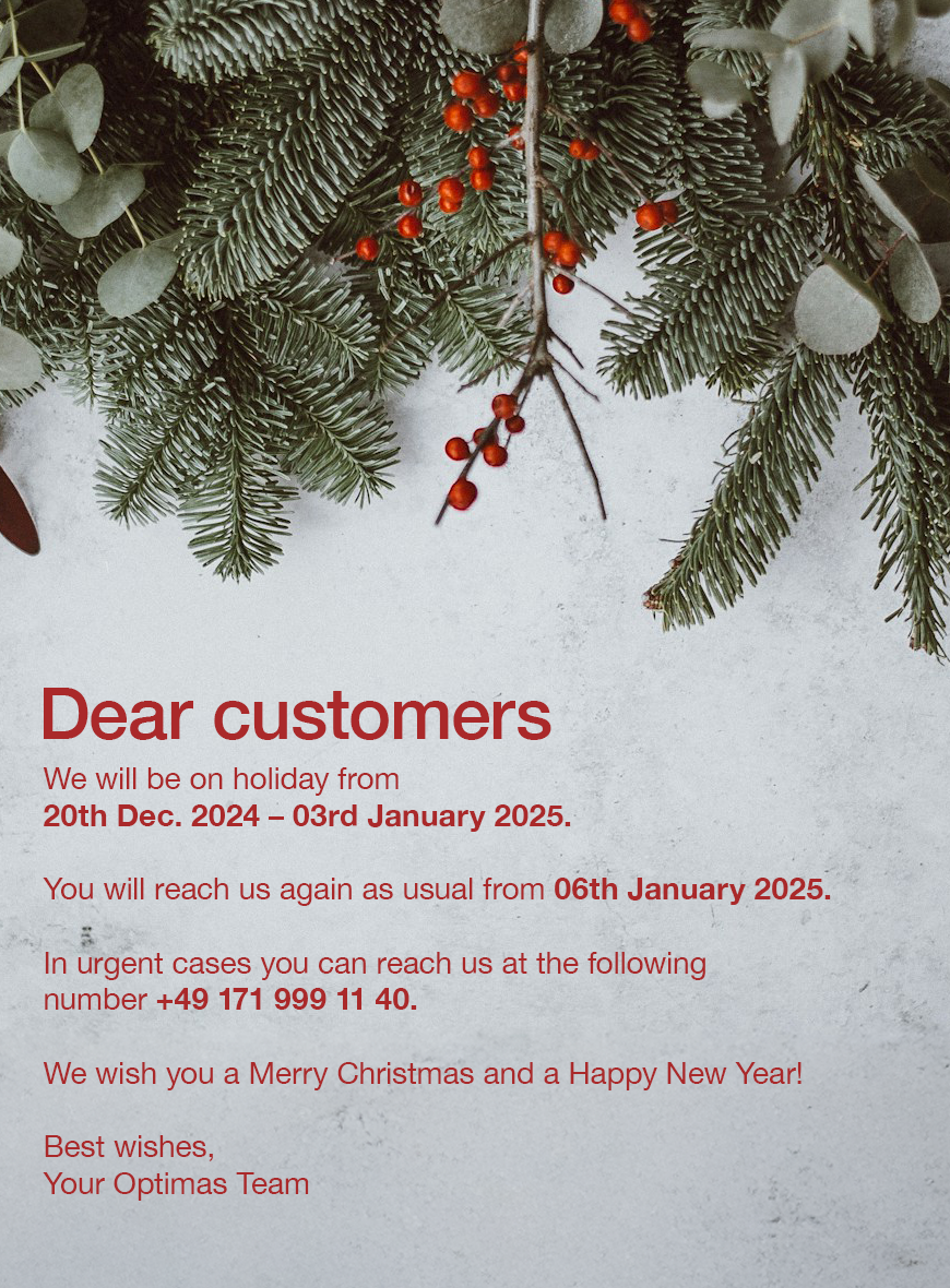 Festive holiday message to customers from Optimas, announcing closure from December 20th, 2024 to January 3rd, 2025, framed by Christmas decorations – Optimas.